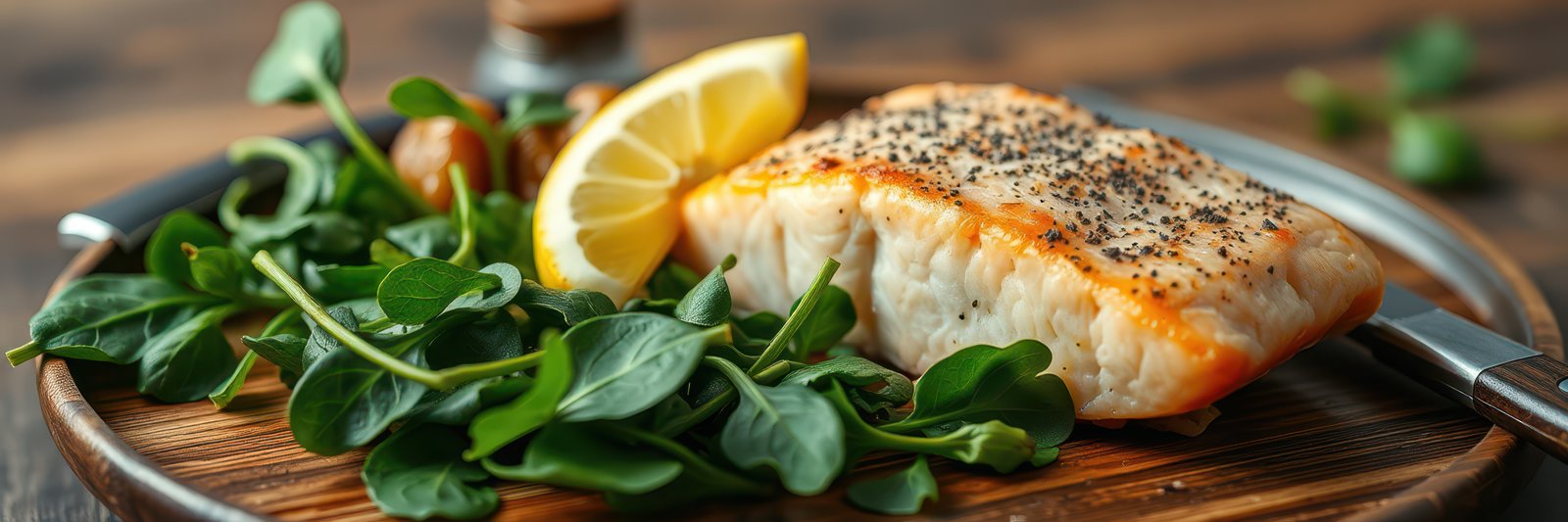A close-up of a grilled fish fillet served on a wooden platter with fresh greens and a lemon wedge